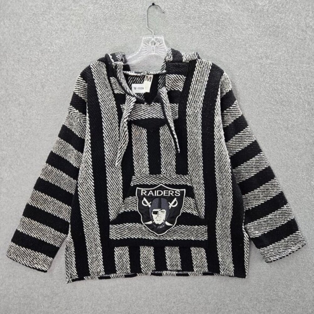 Oakland Raiders Women Sweater Medium Mexican Rug‎ Poncho Hoodie Striped